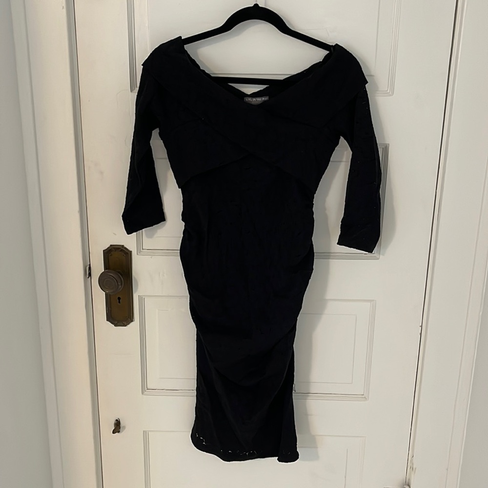 A Pea In The Pod Black Stretch Lace MIDI Maternity Dress-off the shoulder